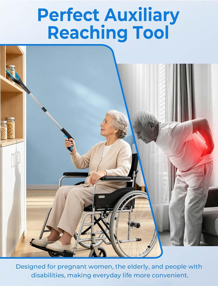 Seated wheelchair user reaching a jar on a high shelf with the Purelara grabber, beside a man holding his lower back in pain after bending