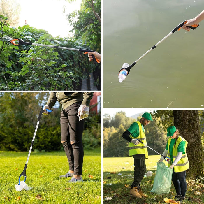 Purelara grabber trimming garden shrubs, lifting a plastic bottle out of water, clearing litter from grass, and used by volunteers on a park clean-up