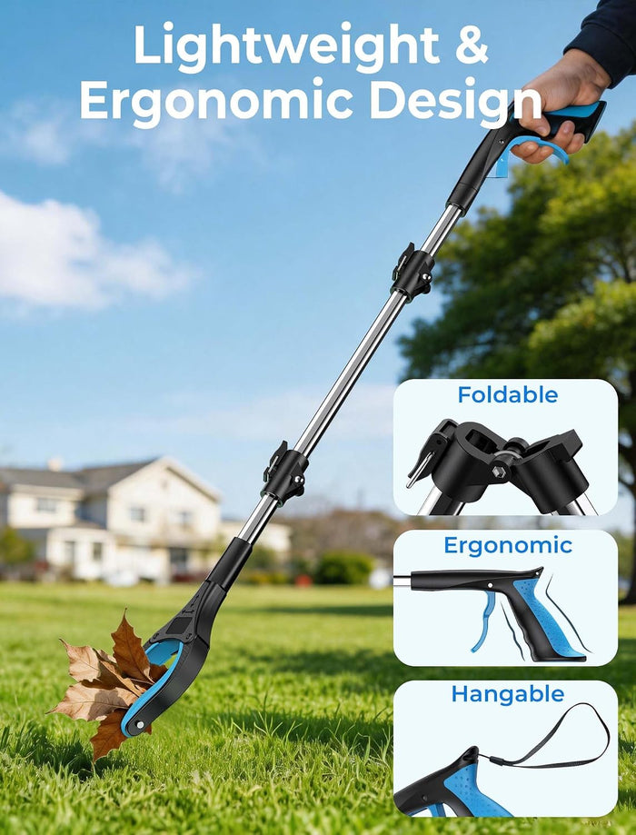 Lightweight foldable Purelara grabber lifting a dry leaf from a lawn, with close-ups of the folding hinge, ergonomic trigger grip and hanging strap