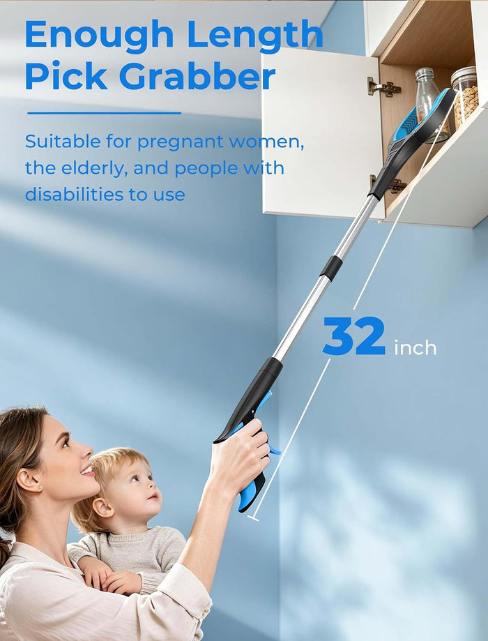 Mother holding her toddler while using the 32 inch Purelara grabber to take a jar from a high kitchen cabinet