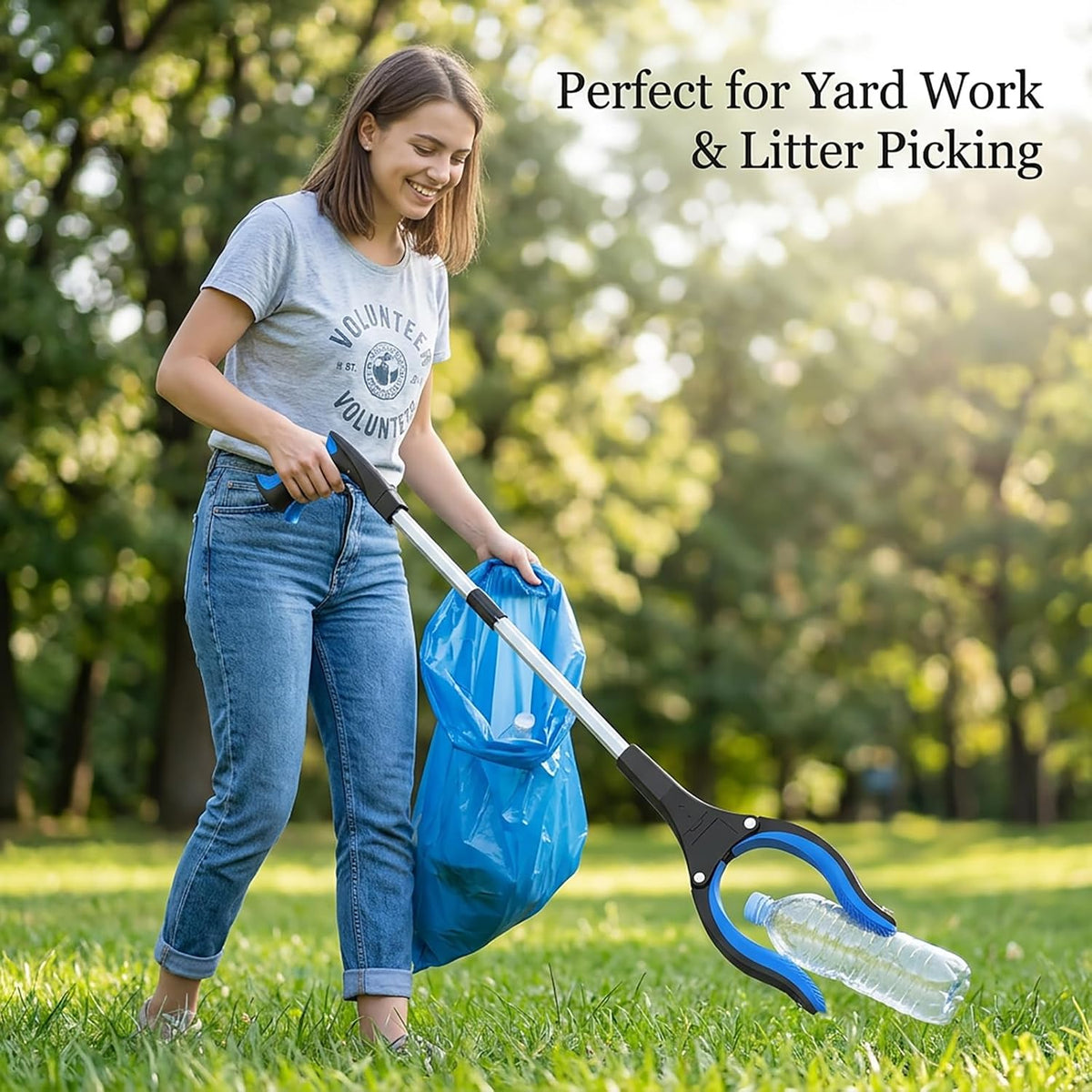 Woman using the Purelara reacher to pick up a plastic bottle during yard work and litter picking